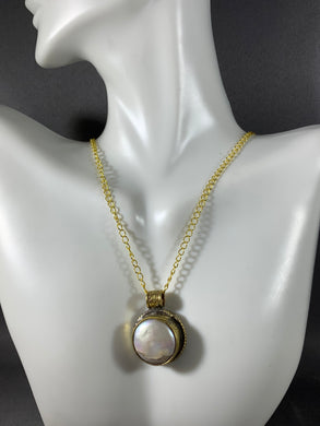 Tibetan Necklace Mother of Pearl Shell Pendant Brass Metal Repousse