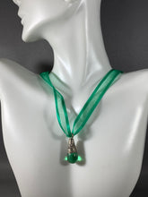 Load image into Gallery viewer, Tibetan Green Crystal Teardrop Translucent Pendant Silver Metal Repousse