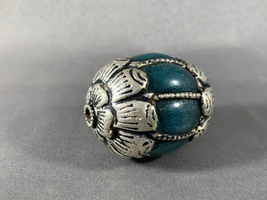 Tibetan Blue Green Copal Bead Silver Metal Repousse 47mm