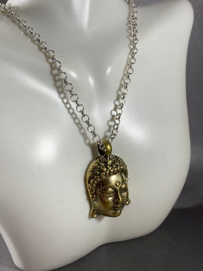 Tibetan Necklace Buddha Head Pendant Brass Metal Repousse 20 Inch