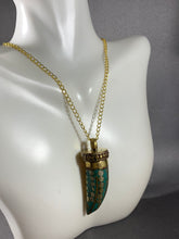 Load image into Gallery viewer, Tibetan Necklace Turquoise Tusk or Tooth Shape Pendant Brass 18 Inch