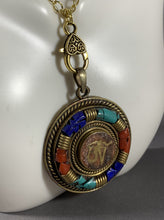 Load image into Gallery viewer, Tibetan Necklace Turquoise &amp; Coral Ohm Pendant Metal Repousse 27 Inch