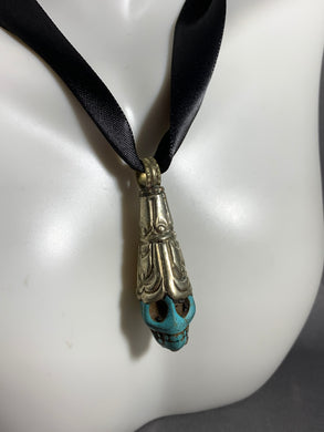 Tibetan Skull Blue Turquoise Pendant Silver Metal Repousse