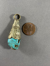 Load image into Gallery viewer, Tibetan Skull Blue Turquoise Pendant Silver Metal Repousse