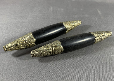 2 Tibetan Black Copal Beads Silver End Caps Jewelry 96mm