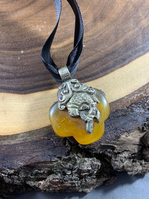 Tibetan Pendant Yellow Amber Copal Cross Silver Repousse Jewelry