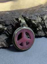 Load image into Gallery viewer, Tibetan Pink Jade Stone Peace Sign Pendant Metal Repousse