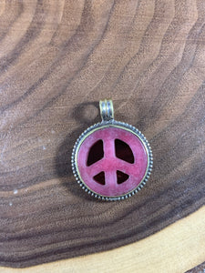 Tibetan Pink Jade Stone Peace Sign Pendant Metal Repousse