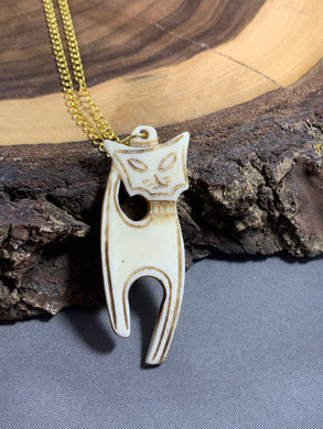 Tibetan Necklace Yak Bone Cat Pendant Gold Tone Chain 16 Inch