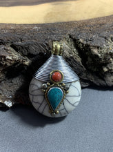 Load image into Gallery viewer, Tibetan White Copal Pendant Turquoise &amp; Coral Silver Repousse Jewelry