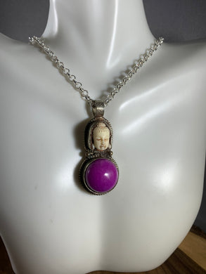 Tibetan Necklace Buddha Purple Jade Pendant Metal Repousse 21 Inch