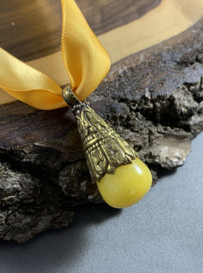 Tibetan Pendant Yellow Jade Stone Silver Repousse Jewelry