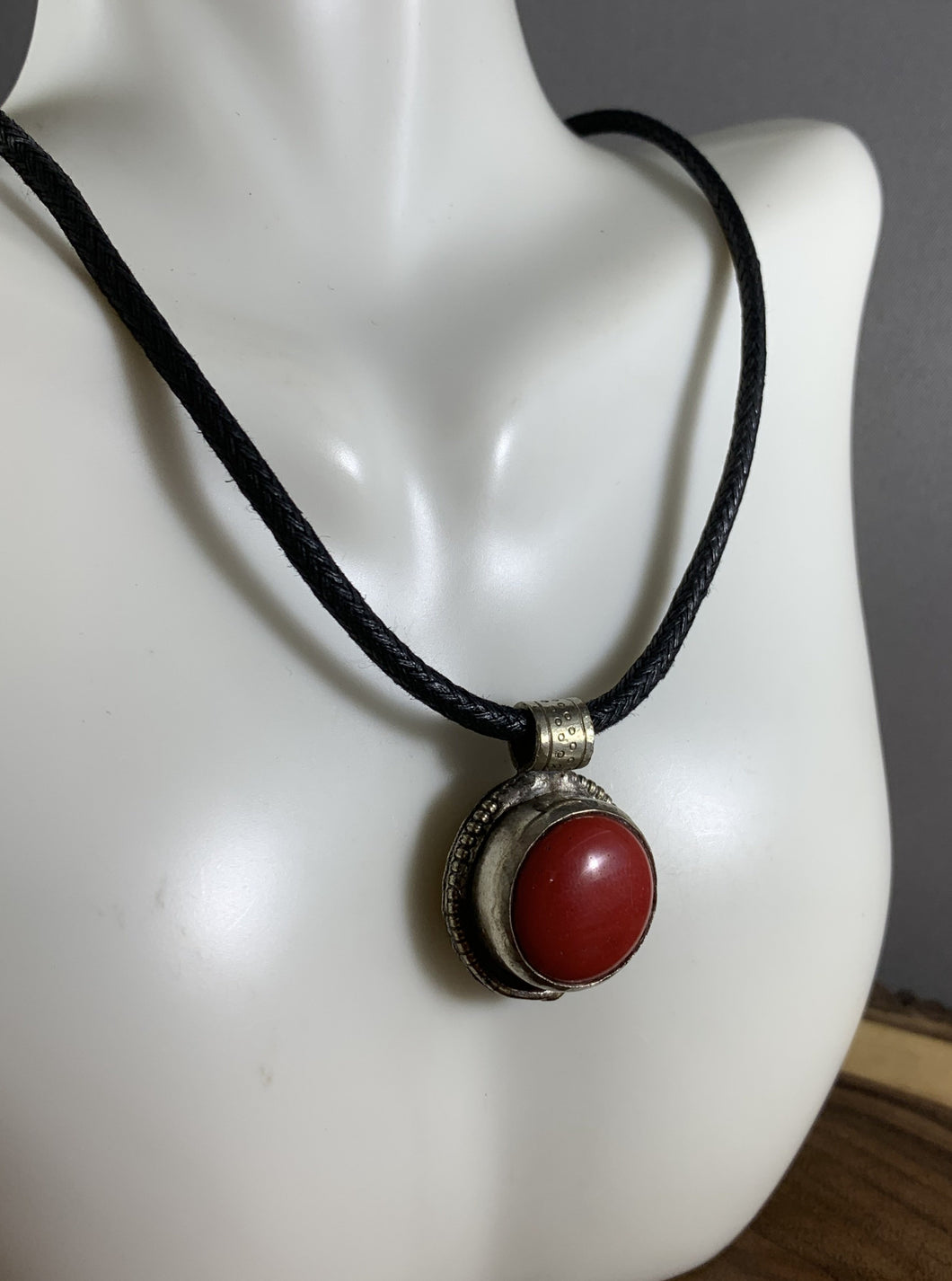 Tibetan Necklace Red Coral Pendant Metal Repousse