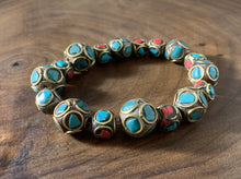 Load image into Gallery viewer, Tibetan Bracelet Turquoise &amp; Red Coral Inlay Beads Metal Jewelry