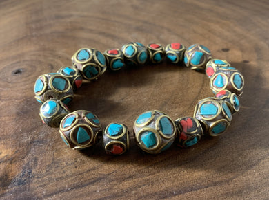 Tibetan Bracelet Turquoise & Red Coral Inlay Beads Metal Jewelry