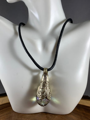 Tibetan Necklace Faceted Crystal Ball Pendant Iridescent Silver Metal Repousse