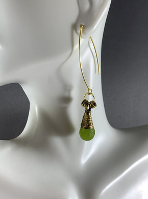 Tibetan Earrings Faceted Green Onyx Brass Metal Repousse