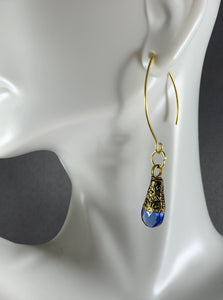 Tibetan Earrings Blue Faceted Glass Brass Metal Repousse