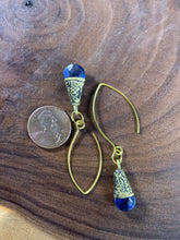 Load image into Gallery viewer, Tibetan Earrings Blue Faceted Glass Brass Metal Repousse