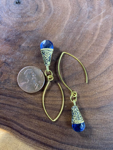 Tibetan Earrings Blue Faceted Glass Brass Metal Repousse