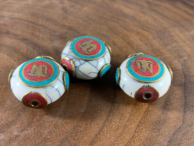 3 Tibetan Ohm White Copal Beads Turquoise Coral Silver Repousse Jewelry