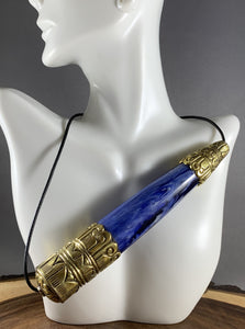 Huge Tibetan Blue Copal Bead Brass End Caps Jewelry 6 INCH