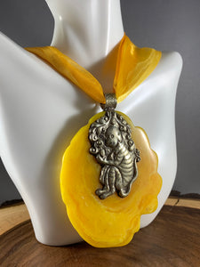 Large Tibetan Pendant Yellow Amber Copal Silver Repousse Monkey