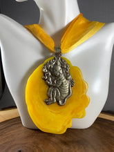 Load image into Gallery viewer, Large Tibetan Pendant Yellow Amber Copal Silver Repousse Monkey