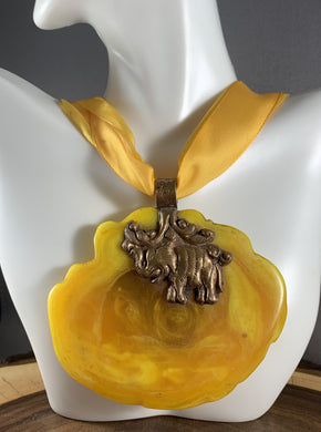 Large Tibetan Pendant Yellow Amber Copal Copper Repousse Elephant