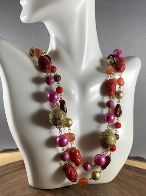 Vintage Necklace Gold Texture Ball & Red Glass Beads 52 Inch