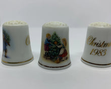 Load image into Gallery viewer, 3 Avon Snowflakes Porcelain Christmas Thimbles 1981, 1982, 1983 Made in Japan