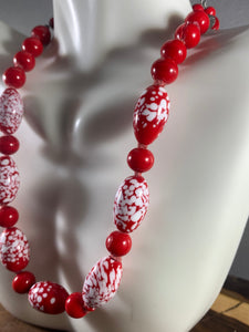 Vintage Child's Necklace Red & White Glass Beads 14 Inch