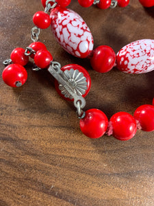 Vintage Child's Necklace Red & White Glass Beads 14 Inch