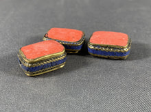 Load image into Gallery viewer, 3 Tibetan Tabular Beads Coral &amp; Lapis Inlay Metal Jewelry