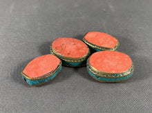 Load image into Gallery viewer, 4 Tibetan Tabular Beads Coral &amp; Turquoise Inlay Metal Jewelry