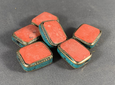 6 Tibetan Tabular Beads Coral & Turquoise Inlay Metal Jewelry