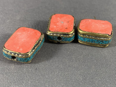 3 Tibetan Tabular Beads Coral & Turquoise Inlay Metal Jewelry