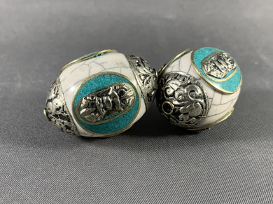 2 Tibetan White Copal Crackle Beads Silver Repousse Dorje