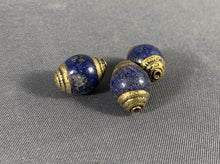 Load image into Gallery viewer, 3 Tibetan Lapis Lazuli Stone Beads Brass Repousse Jewelry