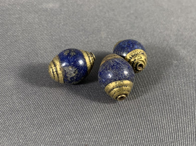 3 Tibetan Lapis Lazuli Stone Beads Brass Repousse Jewelry