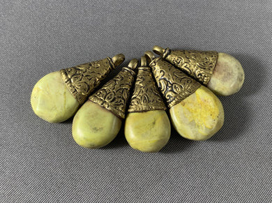 5 Tibetan Necklace Lemon Turquoise Pendants Brass Metal Repousse