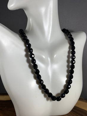 Vintage Necklace Black Faceted Glass Beads 26 Inch