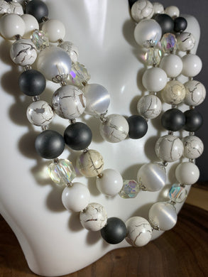 Vintage Necklace 3-Strand White & Grey Color Glass Beads 17 Inch