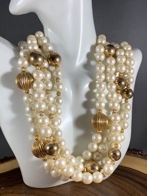 Vintage Necklace 4-Strand Pearl & Gold Color Beads 16 Inch