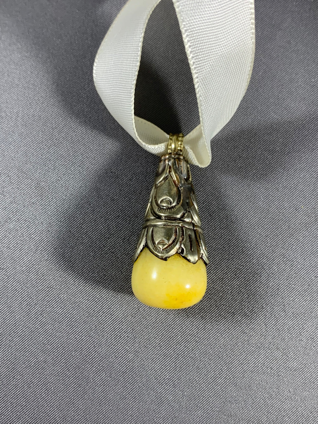 Tibetan Pendant Yellow Jade Stone Silver Repousse Jewelry