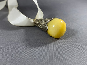 Tibetan Pendant Yellow Jade Stone Silver Repousse Jewelry