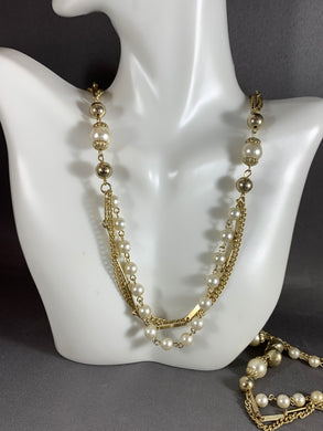Vintage Necklace Gold Color Metal Pearl Like Beads 56 Inch