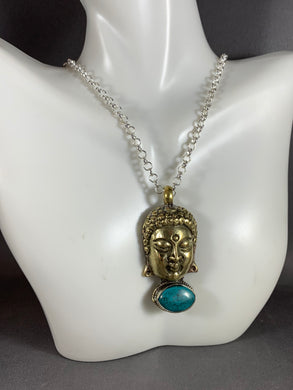 Tibetan Necklace Turquoise Silver Buddha Head Pendant Repousse