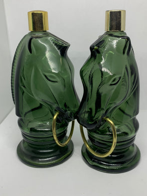 2 Avon Vintage Green Decanters Leather After Shave Bottles Empty
