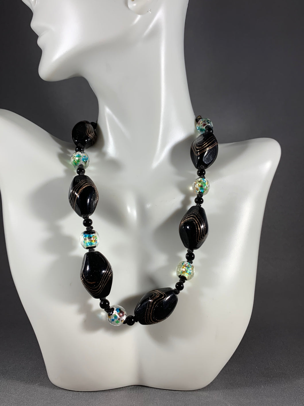 Vintage Necklace Black Glass Beads 13 Inch